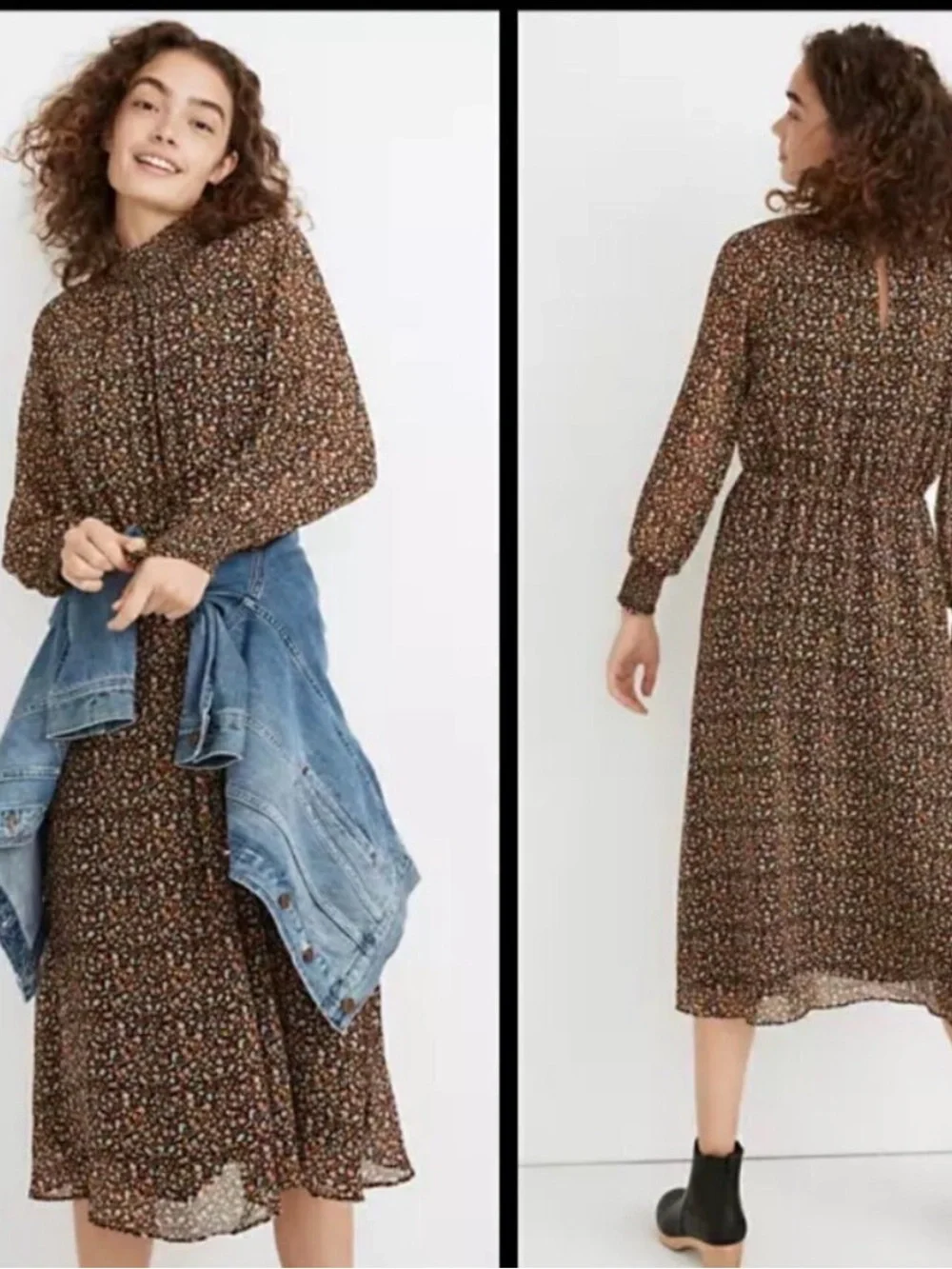 MADEWELL Georgette Smocked-Neck Midi Dress Folktale Paisley XXS XS‎